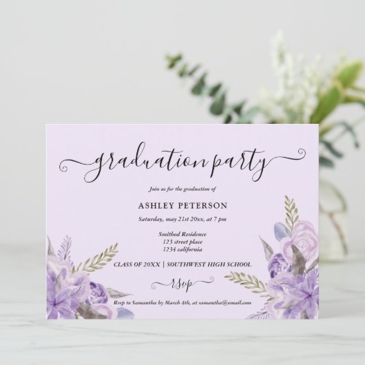 Lavender paarse florale waterverf afstuderen kaart (Staand voorkant)