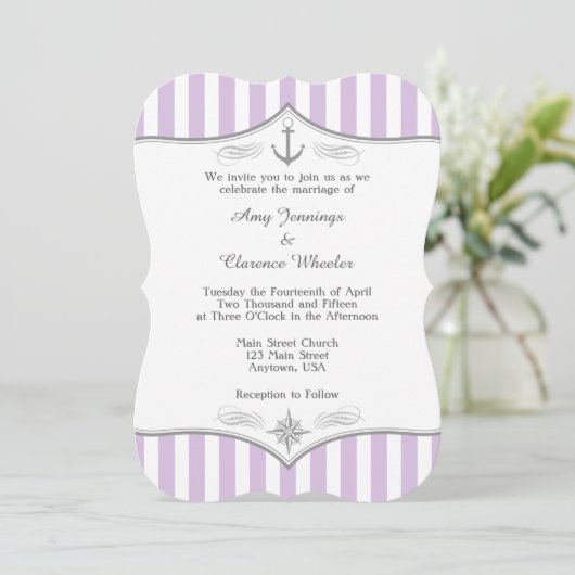 Lavender Paarse Gray Nautical Wedding Uitnodiging (Staand voorkant)