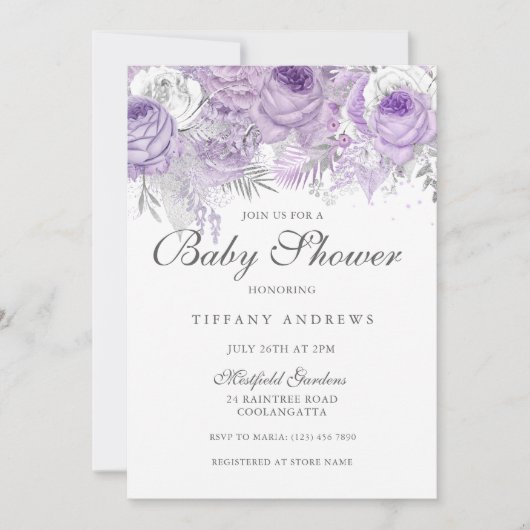 Lavender Paarse Silver Floral Baby shower Invite Kaart (Voorkant)
