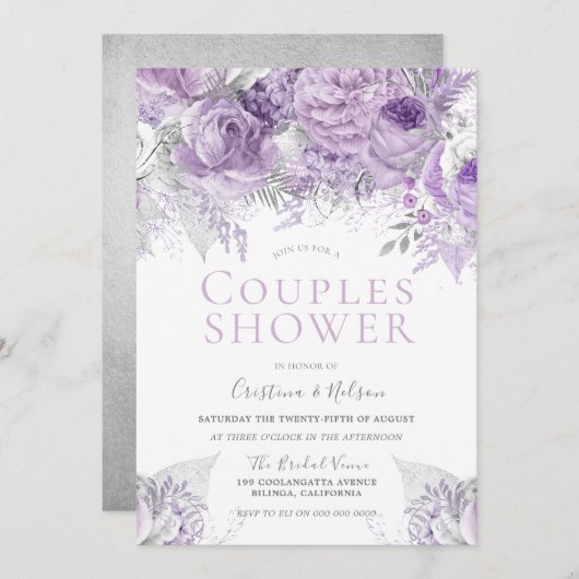 Lavender Paarse Silver Floral Couples Kaart (Voorkant / Achterkant)