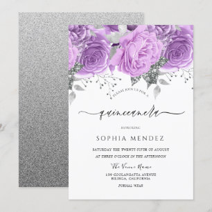 Lavender Paarse Silver Floral Sparkle Quinceanera Kaart