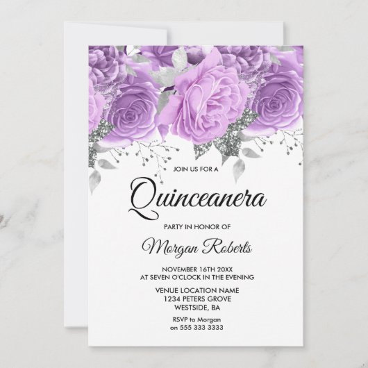 Lavender Paarse Silver Floral Sparkle Quinceanera Kaart (Voorkant)