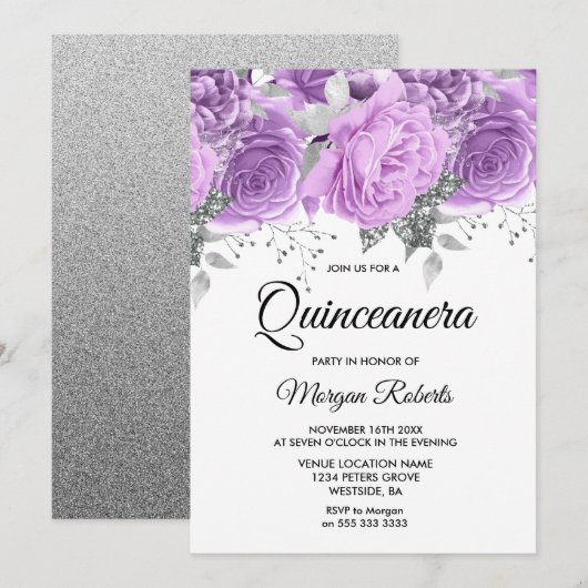 Lavender Paarse Silver Floral Sparkle Quinceanera Kaart (Voorkant / Achterkant)