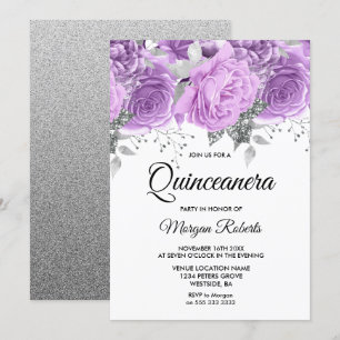 Lavender Paarse Silver Floral Sparkle Quinceanera Kaart