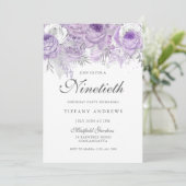 Lavender Paarse Silver Flower 90th Birthday Party Kaart (Staand voorkant)
