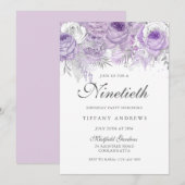 Lavender Paarse Silver Flower 90th Birthday Party Kaart (Voorkant / Achterkant)