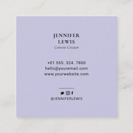 Lavender Paarse Simple Moderne Photo Social Media Vierkante Visitekaartje (Achterkant)