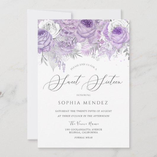 Lavender Paarse Sparkle Floral Sweet 16 Party Kaart (Voorkant)