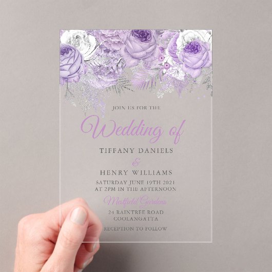 Lavender Paarse Sparkle Floral Wedding Invite Acryl Uitnodigingen (Insitu (Draagbaar))