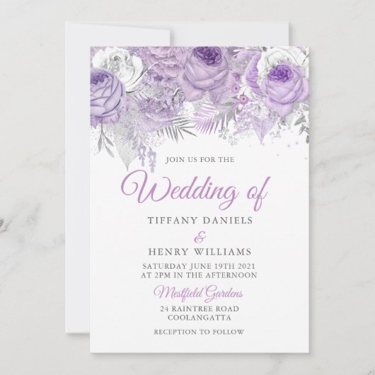 Lavender Paarse Sparkle Floral Wedding Invite Kaart (Voorkant)