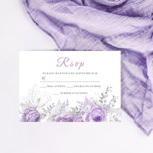 Lavender Paarse Sparkle Floral Wedding Matching RSVP Kaartje