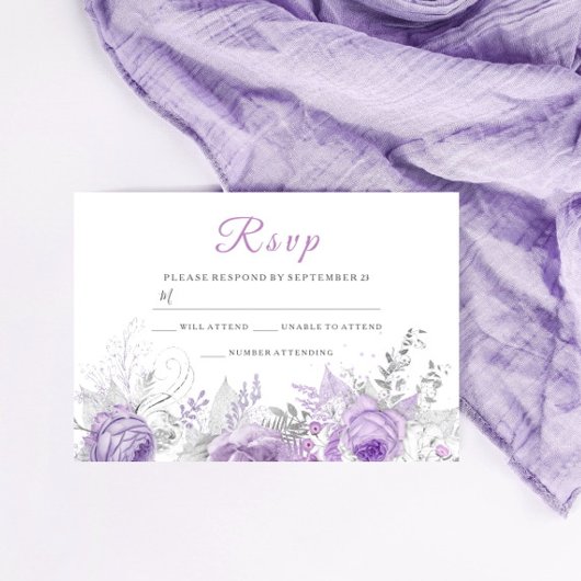 Lavender Paarse Sparkle Floral Wedding Matching RSVP Kaartje