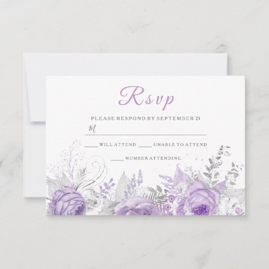 Lavender Paarse Sparkle Floral Wedding Matching RSVP Kaartje (Voorkant)