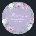 Lavender Paarse Vloer Wedding Dank je Sticker<br><div class="desc">Deze lavender-paarse trouwronde sticker kenmerkt witte en paarse waterverf pinda's,  lavender,  geometrische vormen en typografie. Ideaal voor een buitenhuwelijk. Vind overeenkomende objecten in het Lavender Paarse Floral Wedding Collectie.</div>