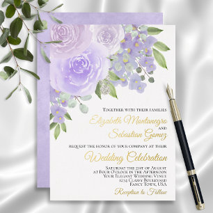 Lavender Paarse Waterverf Floral Elegant Wedding Folie Uitnodiging