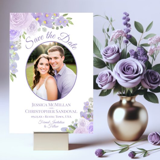Lavender Paarse Waterverf Floral & Photo Wedding Save The Date