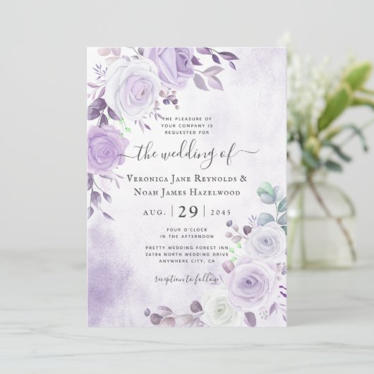 Lavender Paarse waterverf Florals Uitnodiging (Staand voorkant)