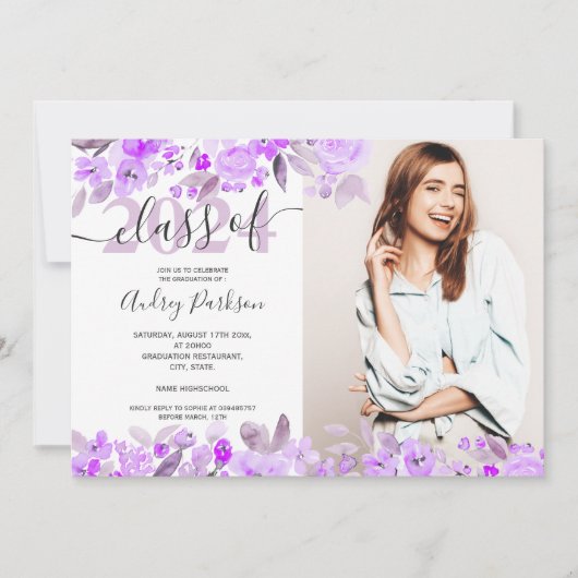 Lavender paarse waterverf foto afstuderen kaart (Voorkant)