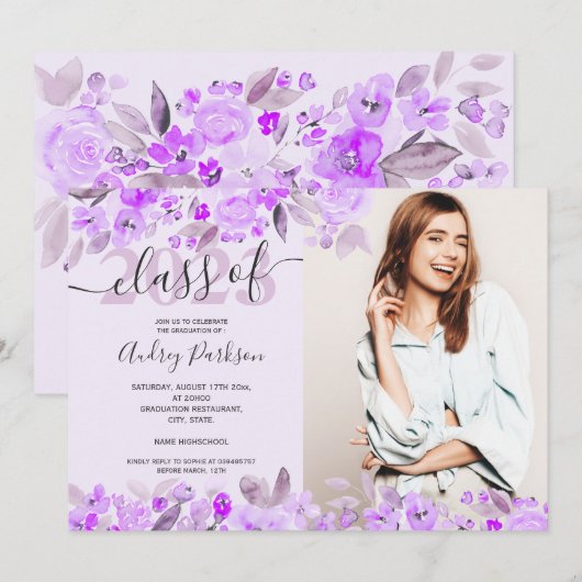 Lavender paarse waterverf foto afstuderen kaart (Voorkant / Achterkant)