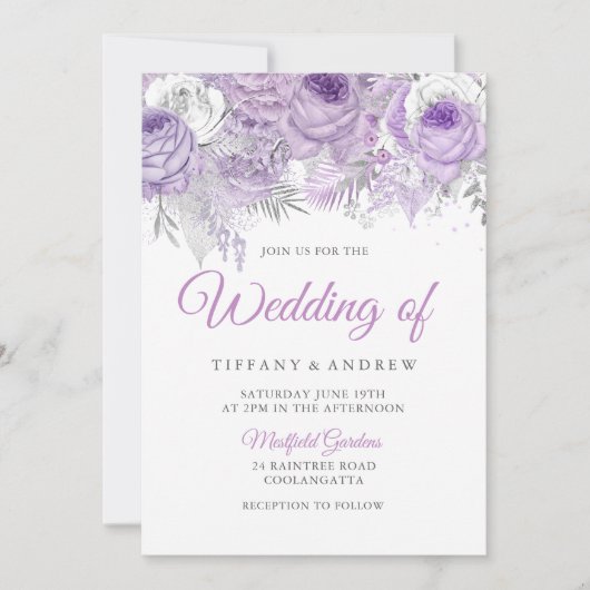 Lavender Paarse White Silver Floral Wedding Invite Kaart (Voorkant)
