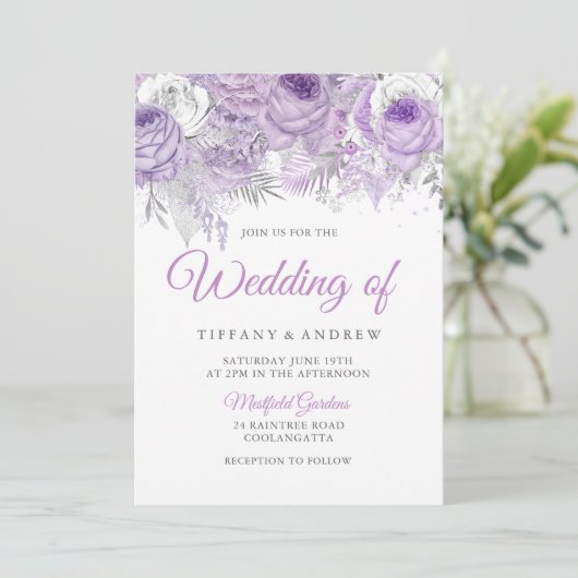 Lavender Paarse White Silver Floral Wedding Invite Kaart (Staand voorkant)