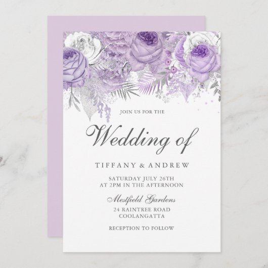 Lavender Paarse White Silver Flower Wedding Invite Kaart (Voorkant / Achterkant)