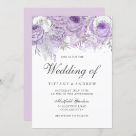 Lavender Paarse White Silver Flower Wedding Invite Kaart