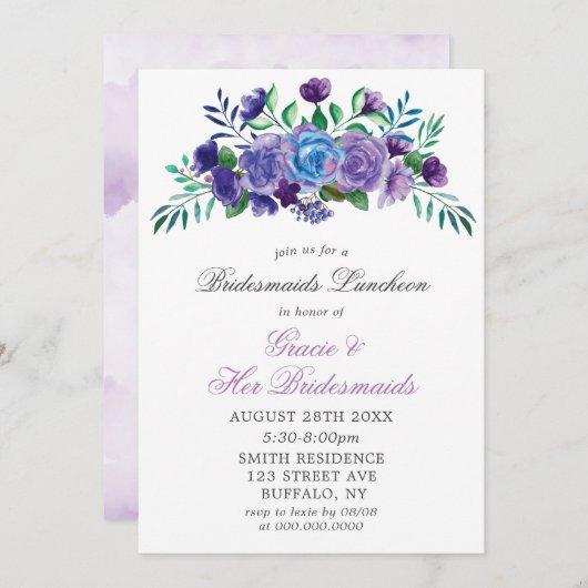 Lavender Paint Floral Bridesmaids Luncheon Invites (Voorkant / Achterkant)
