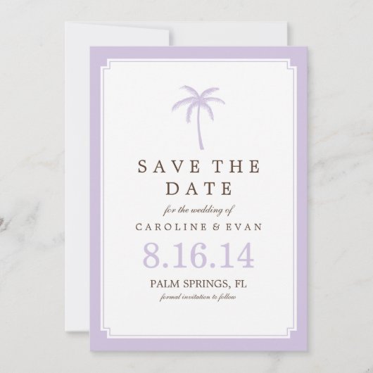Lavender Palm Tree Wedding Save the Date (Voorkant)