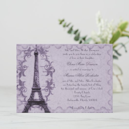 Lavender Paris Grunge Wedding Invitation Kaart (Staand voorkant)