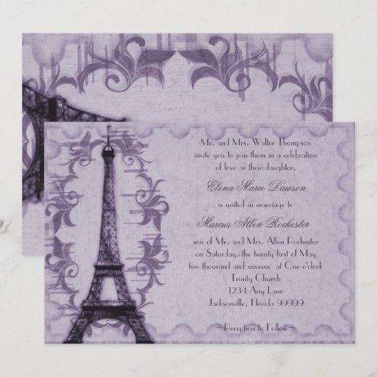Lavender Paris Grunge Wedding Invitation Kaart (Voorkant / Achterkant)