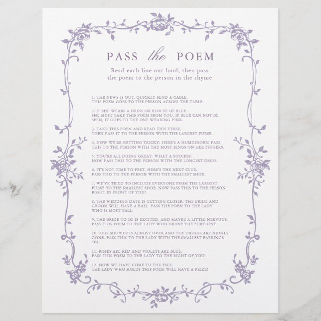 Lavender 'Pass the Poem' Bridal Shower Game (Voorkant)