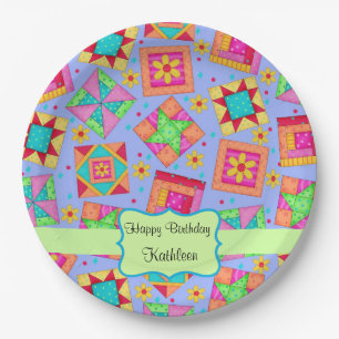 Lavender Patchwork Quilt Block Name Happy Birthday Papieren Bordje