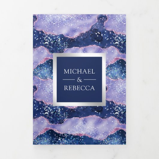 Lavender Periwinkle Agate Marble QR Code Wedding Drieluik Uitnodiging (Cover)