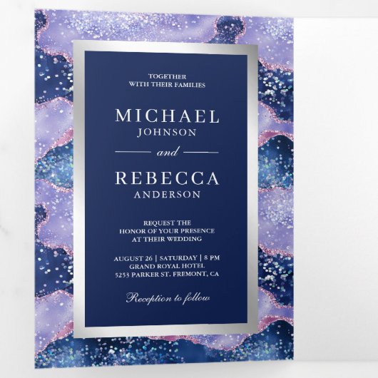 Lavender Periwinkle Agate Marble QR Code Wedding Drieluik Uitnodiging (Binnenzijde eerst)