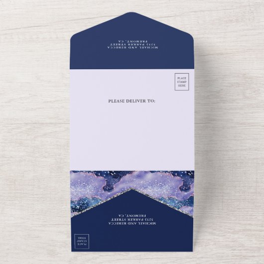 Lavender Periwinkle Glitter Agate Marble Wedding All In One Uitnodiging (Buitenkant)