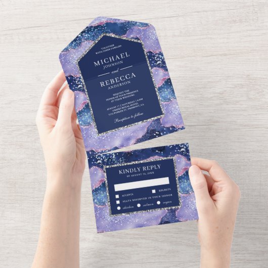 Lavender Periwinkle Glitter Agate Marble Wedding All In One Uitnodiging (Afscheurbaar)