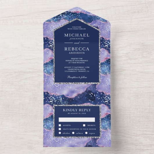 Lavender Periwinkle Glitter Agate Marble Wedding All In One Uitnodiging (Binnen)