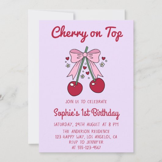 Lavender Pink Bow Cherry on Top 1st Birthday Kaart (Voorkant)