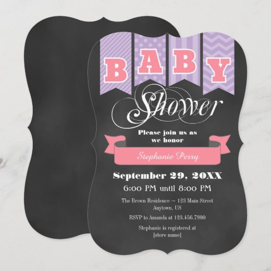 Lavender Pink Chalkboard Vlag Baby shower Uitnodig Kaart (Voorkant / Achterkant)