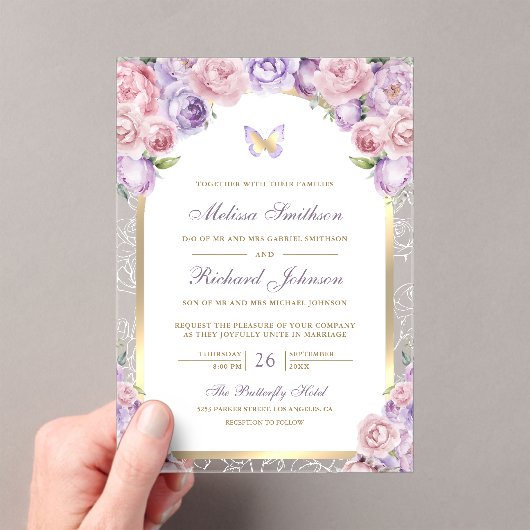 Lavender Pink Floral Gold Arch Butterfly Wedding Acryl Uitnodigingen (Insitu (Draagbaar))