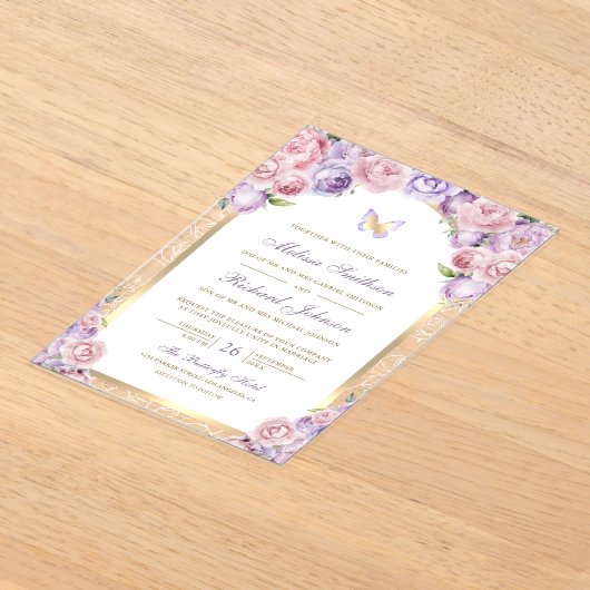 Lavender Pink Floral Gold Arch Butterfly Wedding Acryl Uitnodigingen (Laagn)