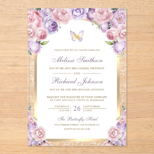 Lavender Pink Floral Gold Arch Butterfly Wedding Acryl Uitnodigingen (Voorkant)