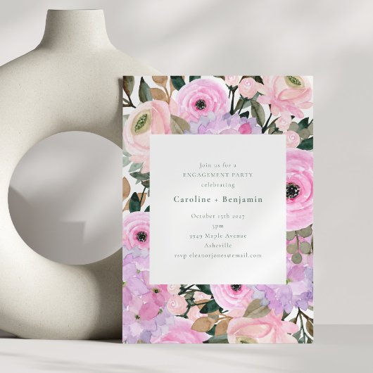 Lavender Pink Floral Watercolor Engagement Party Kaart