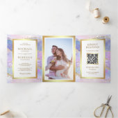 Lavender Pink Gold Agate Marble QR Code Weddenscha Drieluik Uitnodiging (Binnen)