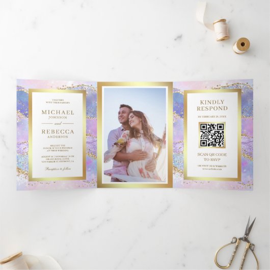 Lavender Pink Gold Agate Marble QR Code Weddenscha Drieluik Uitnodiging (Binnen)