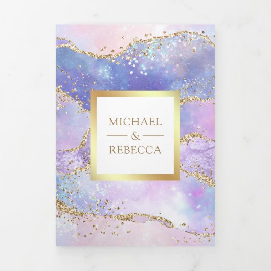 Lavender Pink Gold Agate Marble QR Code Weddenscha Drieluik Uitnodiging (Cover)