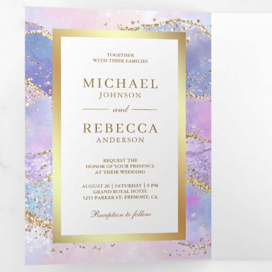 Lavender Pink Gold Agate Marble QR Code Weddenscha Drieluik Uitnodiging (Binnenzijde eerst)