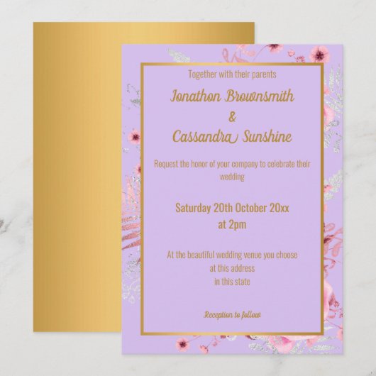 LAVENDER PINK GOLD FLORAL WEDDING GOLD INVITATION KAART (Voorkant / Achterkant)