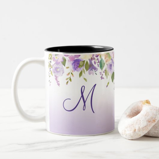 Lavender Pink Moss Green Monogram & Name Floral Tweekleurige Koffiemok (Met donut)